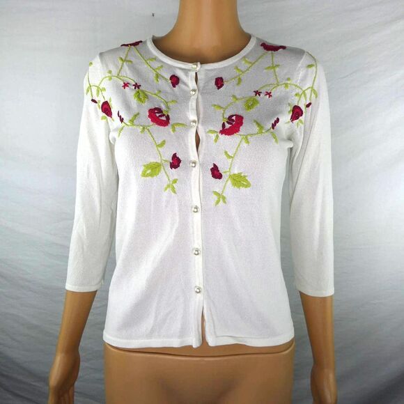 Como Petite Vintage Lightweight Button Front Cardigan Sweater Embroidered Floral - Picture 1 of 9